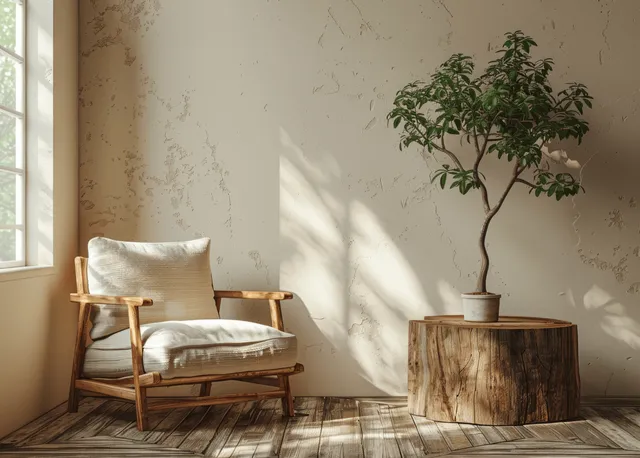 Minimalist living room corner with fabric armchair and wood stump side table