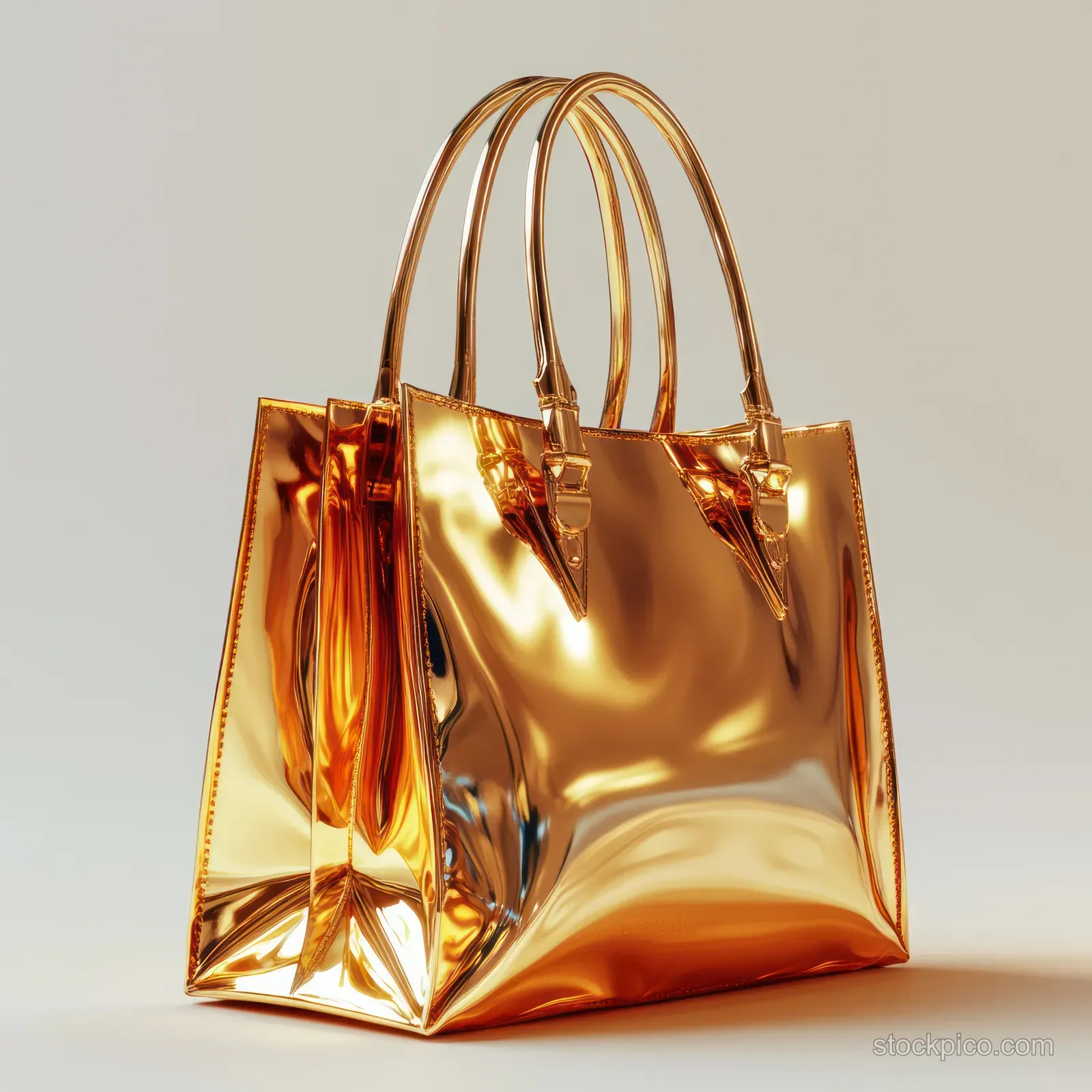 A glossy gold luxury shopping bag with arched handles sits on a minimal white studio background.