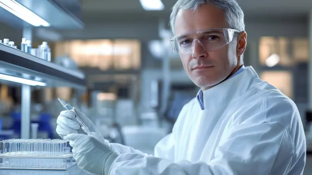 A gloved male scientist in a white lab coat pipettes into test tubes at a modern lab bench.