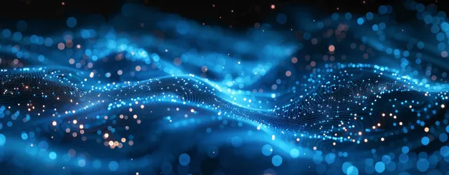 Glowing blue data waves with dotted network particles across a dark cyberspace background with Digital Wave Patterns