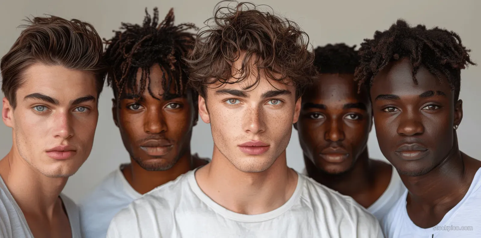 A group of diverse men in t-shirts poses closely together in a studio with neutral grey background.