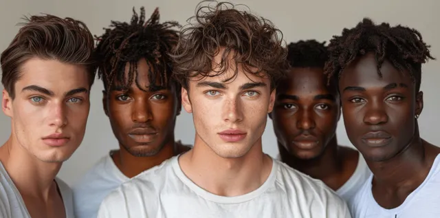 Diverse men group portrait in studio wearing t-shirts against a neutral grey background