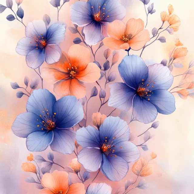 Symmetrical pastel watercolor floral pattern with blue blossoms and soft peach accents
