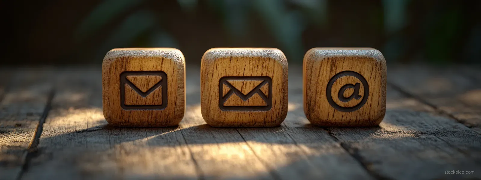 Wooden blocks with envelope and @ symbols are stacked on a tabletop under soft light with space for text.