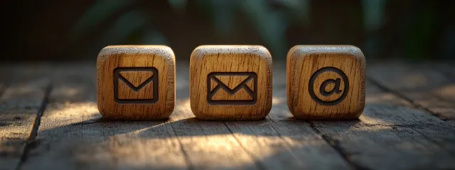 Wooden blocks with envelope and @ symbols are stacked on a tabletop under soft light with space for text.