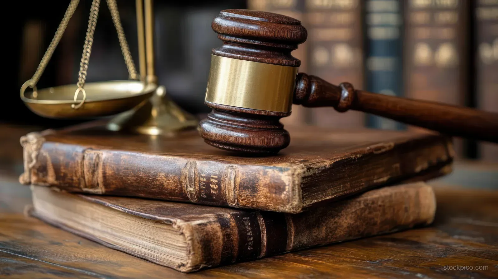Wooden judge gavel on old leather law books with a blurred brass balance scale in the background.