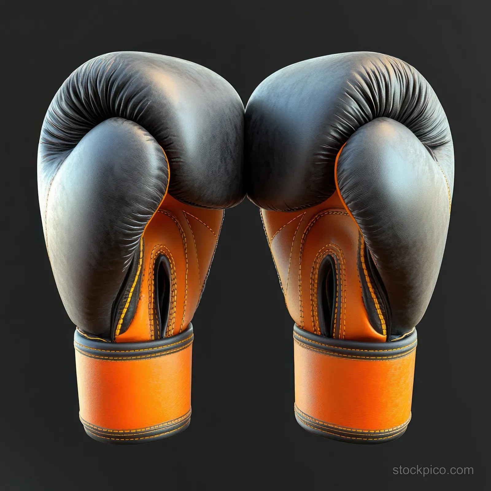Pair of black and orange boxing gloves positioned closely together against a dark background.