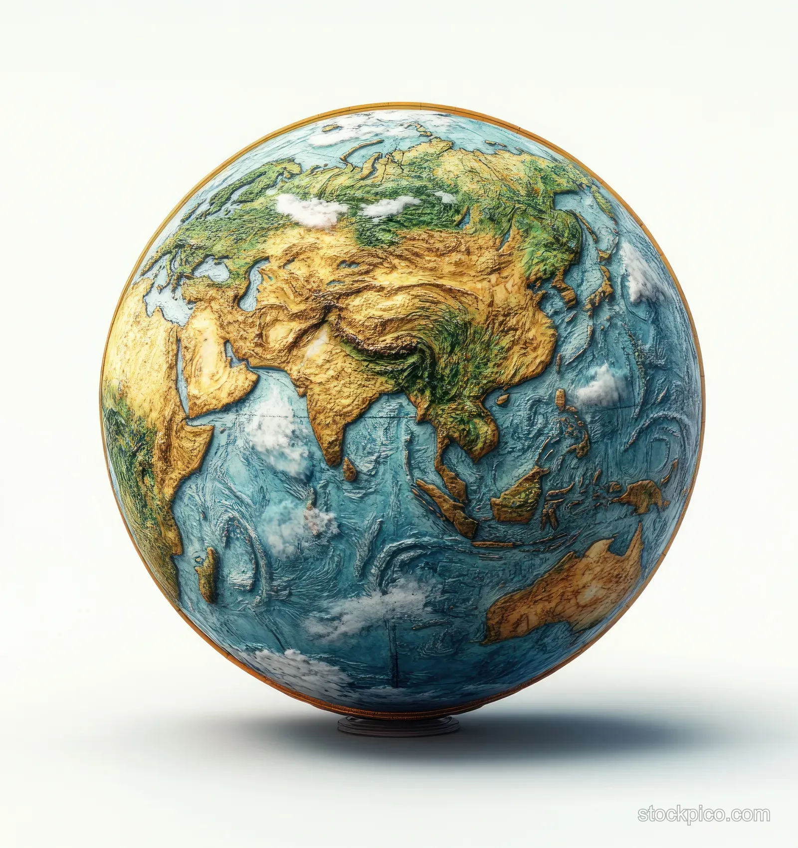 Hyper-realistic 3D globe with Europe and Asia visible, showing textured land and oceans under dramatic lighting on a white background.