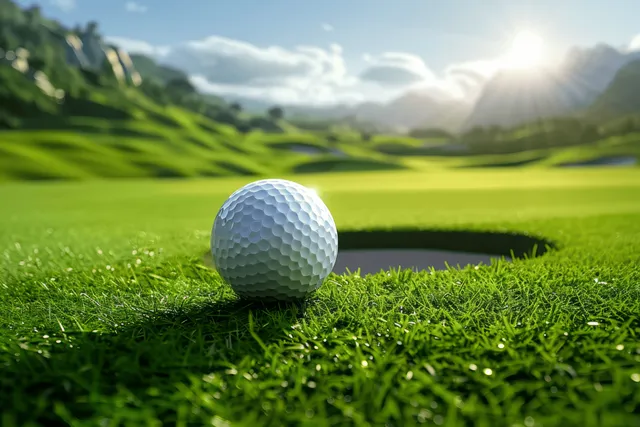 Golf ball resting near the hole on vivid green grass at a sunlit course