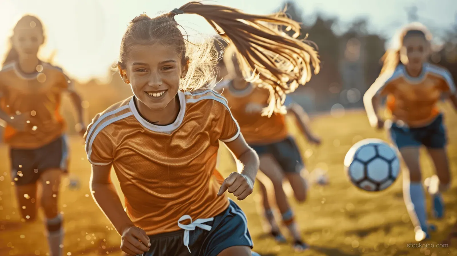 Girls soccer players run and dribble the ball on a field in warm evening sunlight.