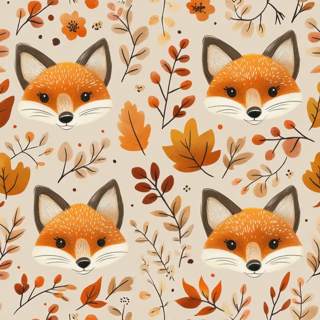 Seamless cartoon fox pattern with autumn leaves and tiny flowers in warm orange