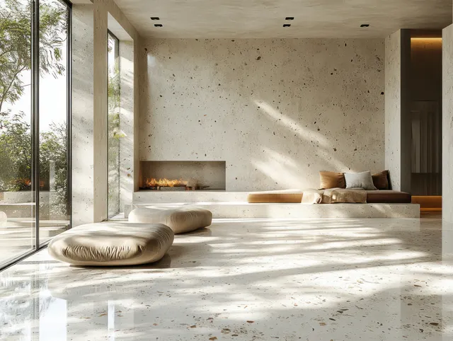 Minimal concrete living room interior with large windows and sunlit seating, showing garden greenery outside.