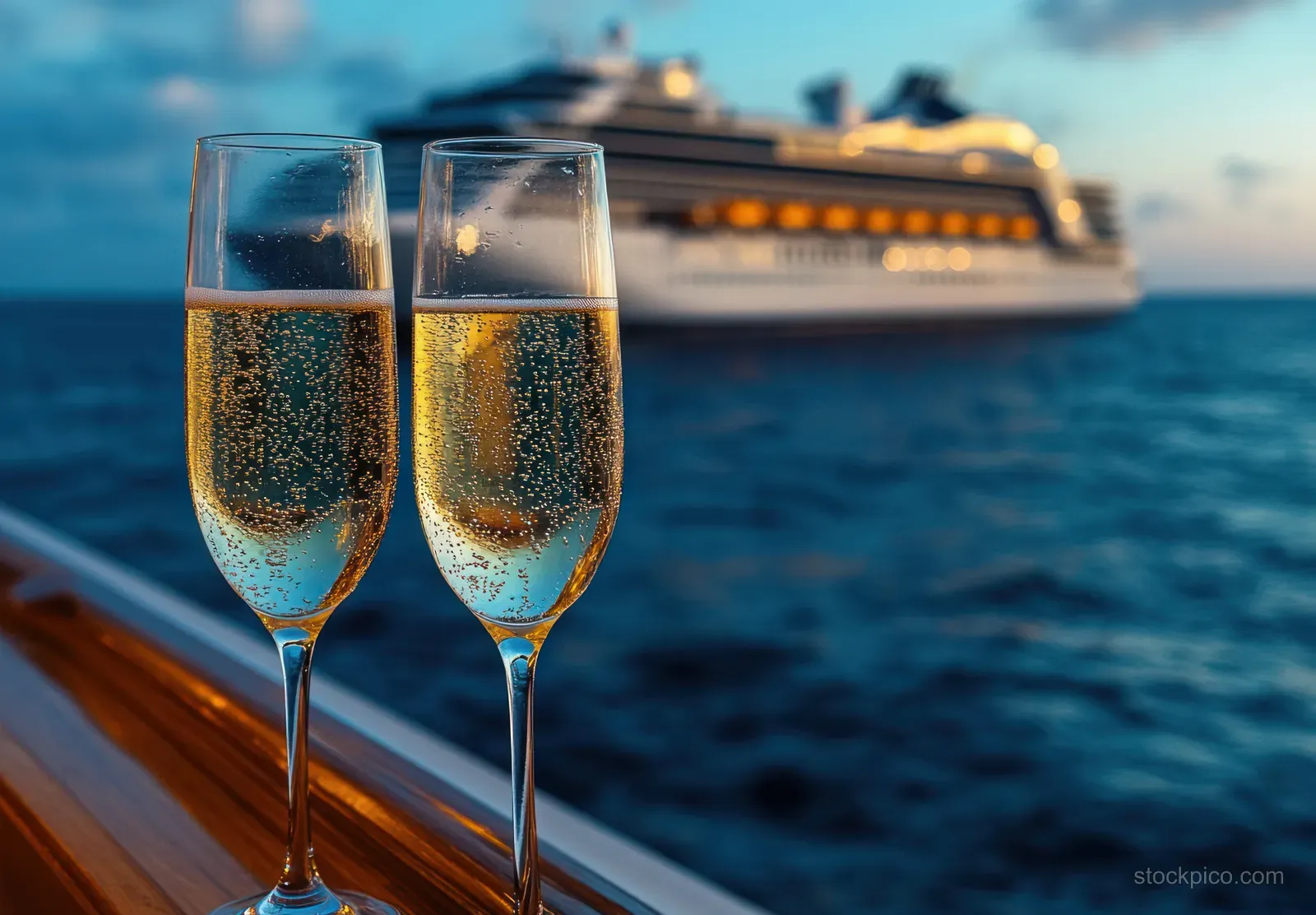 Two champagne flutes with bubbles sit on a cruise boat railing as the ocean and blurred ship glow at sunset.