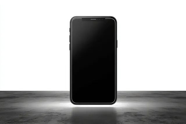 Black-screen smartphone standing upright on textured surface against clean white background
