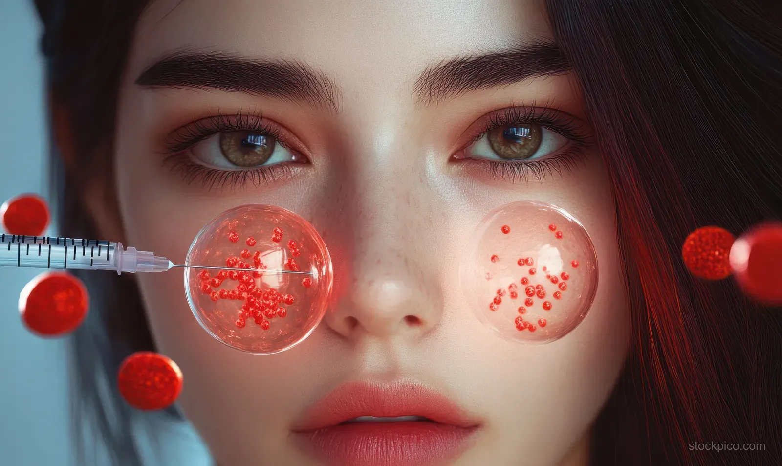 Syringe injects near a young woman’s cheeks while red particle spheres float across her face in a clinical macro scene.