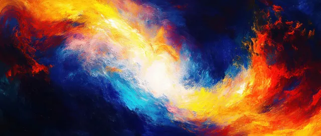 Fiery red and blue nebula swirls around a bright white light burst in dark space.