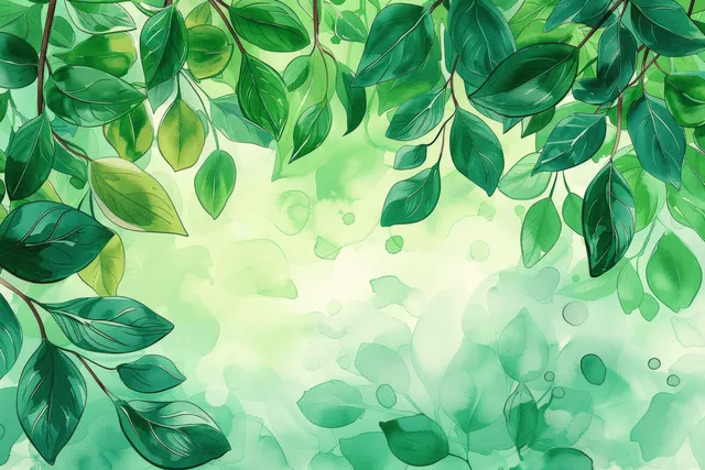Layered green leaves hang from the top edges over a mint gradient background with soft bokeh light spots.