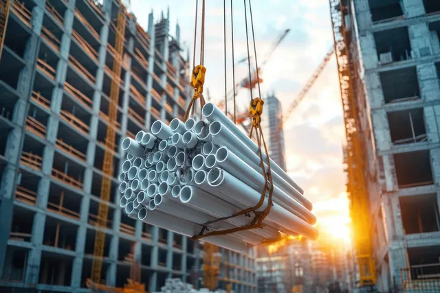 Crane lifts bundled white pipes at construction site during sunset, workers in safety gear