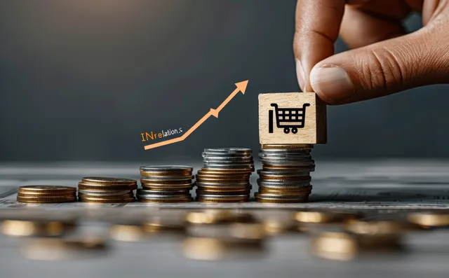 Hand stacking coins beside wooden cube, inflation control chart and interest hike concept