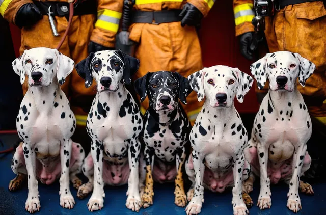 Five dalmatian dogs sit in a row in front of firefighters wearing orange protective uniforms.