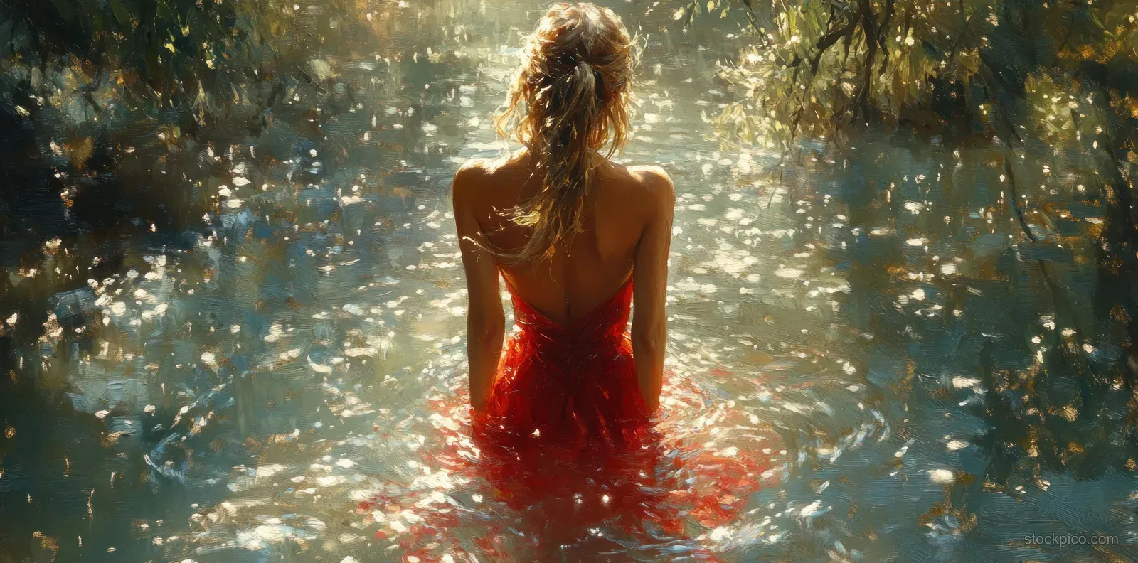 Woman in a flowing red dress swims in a sunlit resort pool with sparkling water reflections.