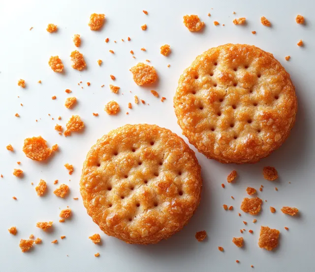 Two crispy wafer cookies on a white background with crumbs scattered around.