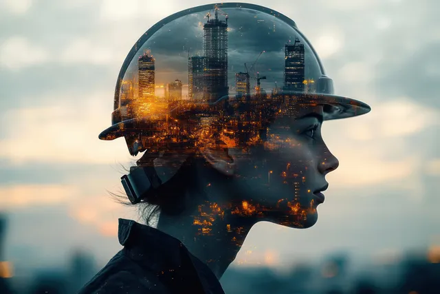 Side profile of a young worker wearing a translucent helmet with a double-exposed city skyline and construction cranes.