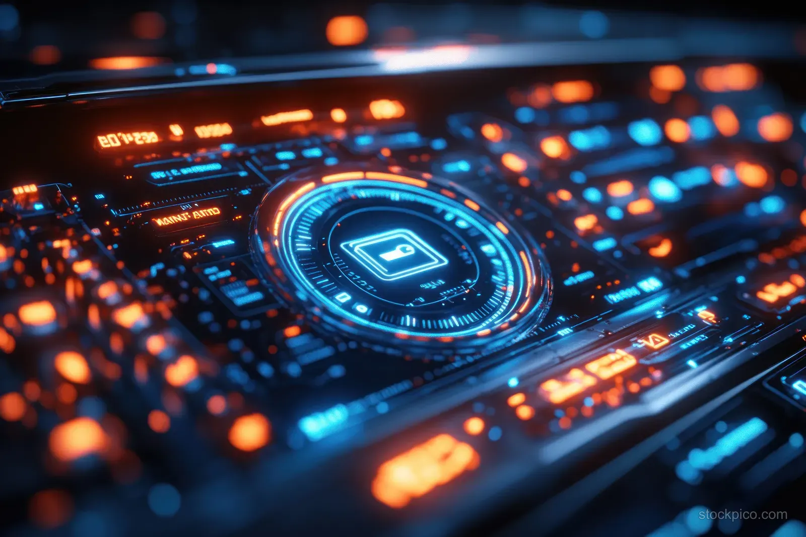 Glowing EV range gauge and illuminated dashboard icons on a blurred digital instrument panel.