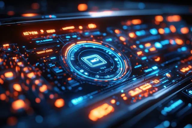 Electric vehicle range gauge close-up on glowing digital dashboard with illuminated icons