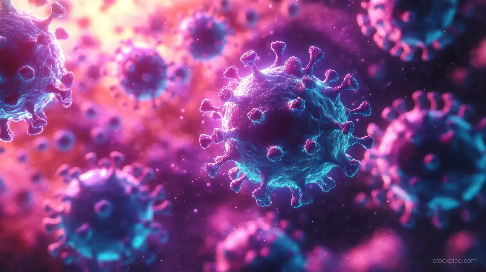 Several virus particles with spike proteins float in a purple and pink microscopic scene.