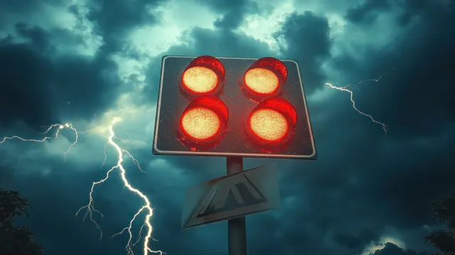 A red traffic light glows beneath dark storm clouds and lightning, with a warning plate below it.