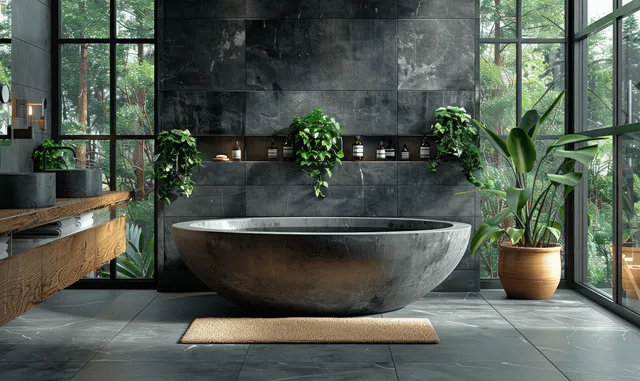 Natural stone bathtub centered in a spa bathroom with dark tiles, wood accents, plants, and large window light.