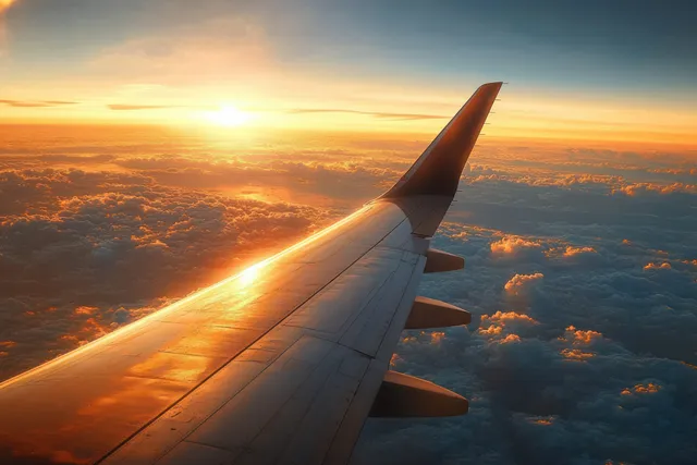 Airplane wing cuts through golden clouds at sunset, glowing sunlight across the wing surface