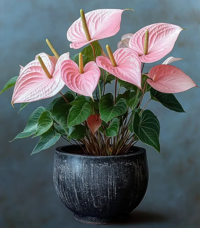 Pink anthurium blooms in textured black ceramic pot with glossy green leaves