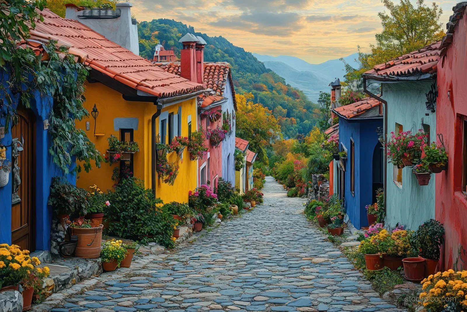 Colorful houses with terracotta roofs line a cobblestone lane with flower planters and distant green mountains.