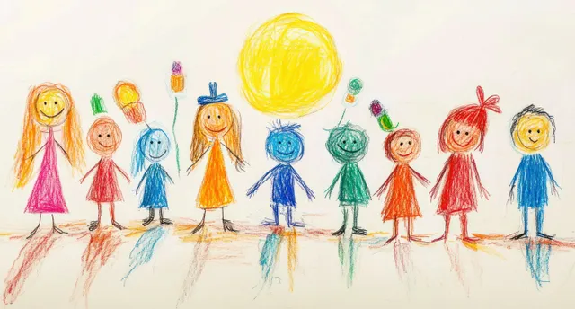 Colorful stick-figure friends hold hands beneath a glowing sun in a childlike drawing