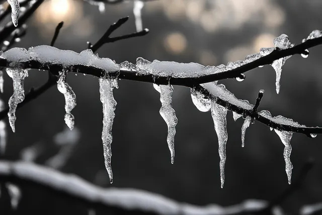 Snow-covered tree branches with hanging icicles in a blurred winter scene
