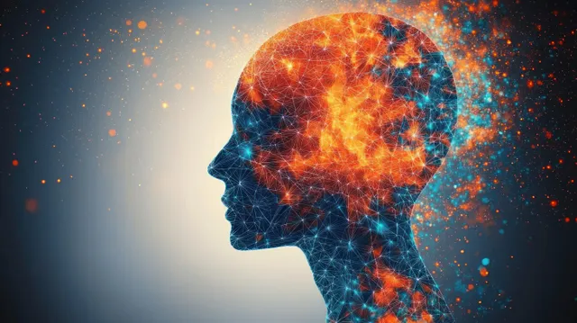 Side profile head silhouette filled with blue connected network nodes and fiery orange glowing particles.
