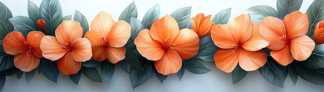 Orange flower blossoms with green leaves appear as a dense horizontal floral border on a white background.