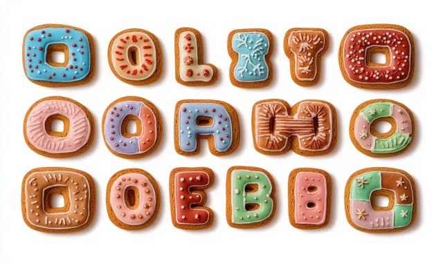 Letter-shaped cookies with pastel icing patterns arranged in rows on a white background.
