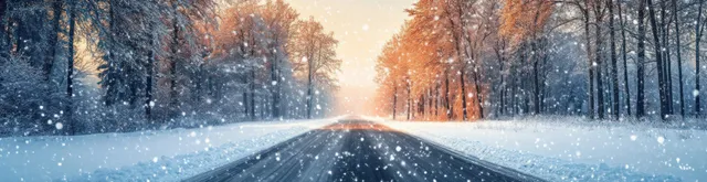 A snowy road runs through frosted trees with falling snowflakes at sunrise.