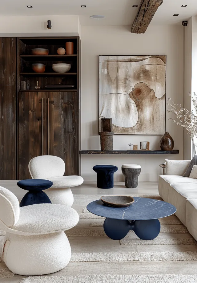 Minimalist living room with white lounge chairs, a blue coffee table, navy stools, and a dark wood cabinet under soft daylight.