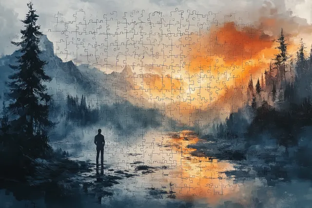 A silhouetted man inserts the last puzzle piece across a misty forest road with a glowing sunrise sky.