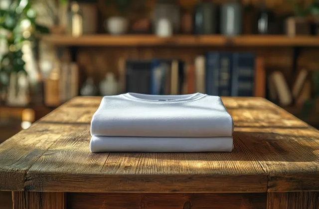 Stack of folded white t-shirts on a wooden table under warm natural light
