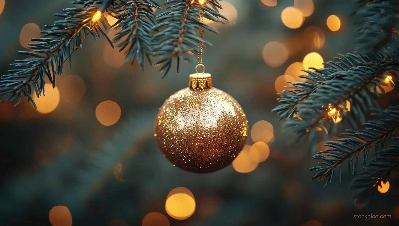 A glittering golden Christmas ornament hangs from pine branches with warm, blurred bokeh lights behind it.