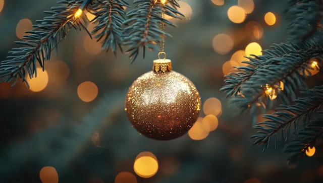 Golden Christmas ornament hanging on pine branch with soft bokeh holiday lights