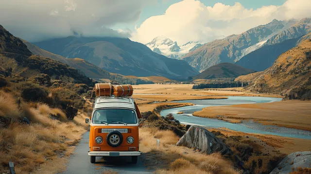 Retro camper van driving along a river through New Zealand mountain valley