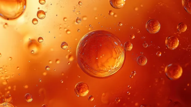 Glowing orange and red translucent bubbles suspended in a warm liquid with visible surface droplets.