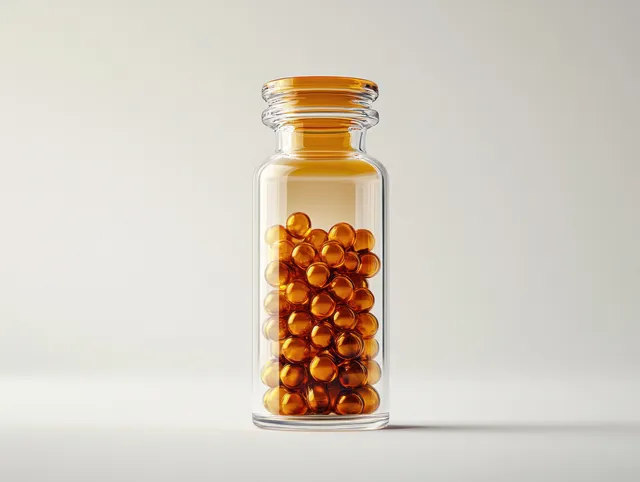 Clear glass bottle filled with amber capsules standing on a seamless white surface.