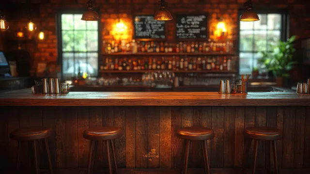 Warm amber light fills a rustic wooden bar interior with empty stools and a back counter of bottles.